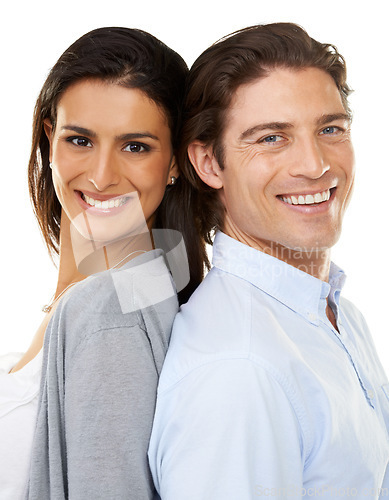 Image of Happy couple, portrait smile and back together in relationship isolated against a white studio background. Woman and man face smiling in happiness and touching backs in romance, bonding or commitment