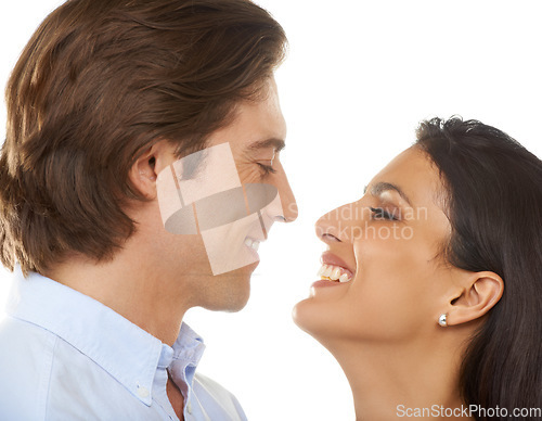 Image of Couple, relationship and smile for love, valentines day or date in affection isolated against white studio background. Closeup of man and woman smiling in joyful happiness in special month of romance