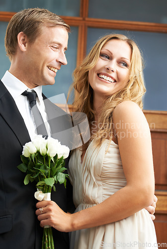 Image of Love, romance and couple with flowers for valentines day, luxury date with smile, boyfriend and girlfriend. Flower bouquet, man and woman dressed in elegant clothing for special fancy valentine event