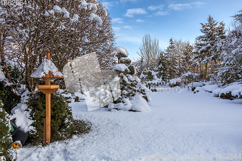 Image of beautiful winter garden covered by snow