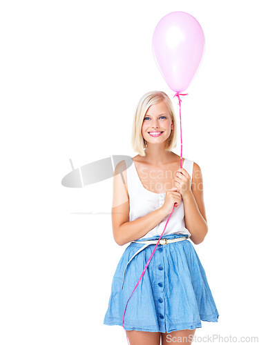 Image of Woman, balloon and portrait of a model with mockup, white background and studio space. Birthday, party or valentines day balloons with happy young person with mock up with a smile ready to celebrate