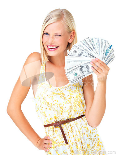 Image of Mockup, portrait and woman with cash, wink and happiness for savings, wealth and financial success with girl isolated on white studio background. Female, lady and money fan for investing and profit