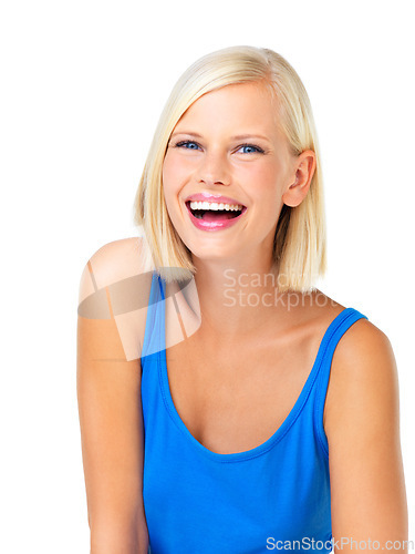 Image of Laughing, young woman and portrait of a person from Switzerland with happiness in studio. Isolated, white background and casual fashion of a female model feeling happy, excited and positive alone