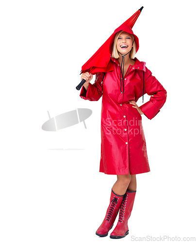 Image of Portrait, woman and umbrella with raincoat, cover and happiness with lady isolated on white studio background. Mockup, female and lady with winter outfit, boots and shelter from storm or on backdrop