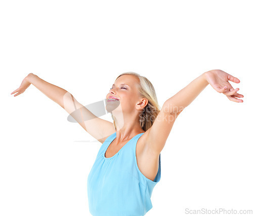 Image of Young woman, open arms and freedom with happiness, relax and carefree with girl isolated on white studio background. Female, lady and gesture for motivation, vision and excited with smile on backdrop