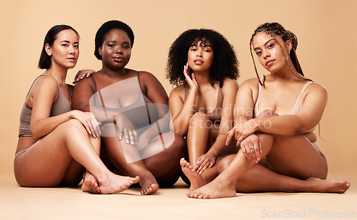 Image of Body, diversity and portrait of natural women group together for inclusion, beauty and power. Aesthetic model people or friends on beige background with skin glow, pride and motivation for self love