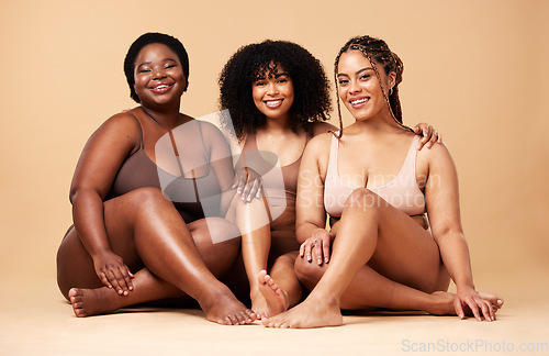 Image of Body, skin and portrait of diversity women group together for inclusion, beauty and power. Aesthetic model friends on beige background for skincare glow, pride and motivation for underwear self love