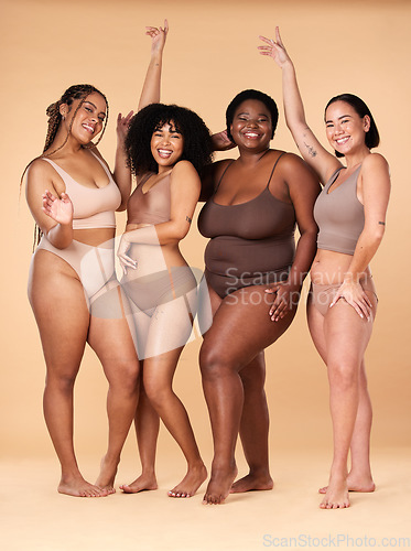 Image of Diversity women, celebration and body portrait of friends group together for inclusion, beauty and power. Underwear model people on beige background with cellulite, pride and motivation for self love