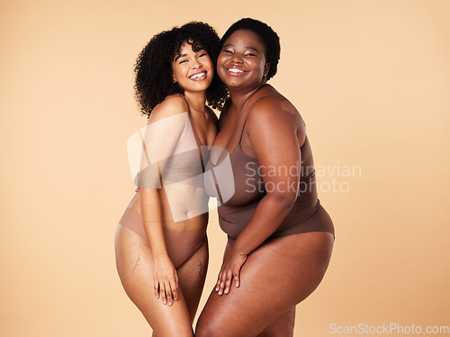 Image of Body positivity, underwear and black women isolated on studio background in skincare, cosmetics and mockup space. Lingerie, hug and diversity people, friends or international model inclusion portrait