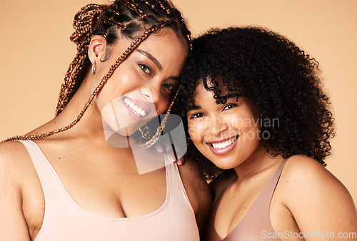 Image of Face, friends and beauty of black women in lingerie in studio isolated on a brown background. Portrait, underwear and body positive happy girls with makeup, cosmetics or healthy skincare for wellness