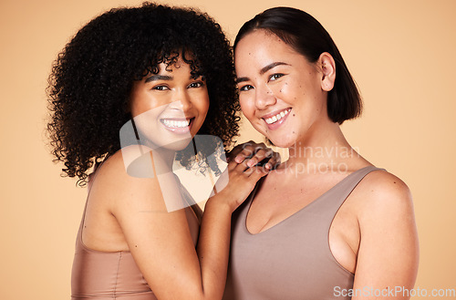 Image of Beauty, friends and diversity of women in lingerie in studio isolated on a brown background. Portrait, underwear and face of body positive happy girls with makeup, cosmetics and healthy skincare.