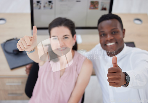 Image of Woman, team portrait and call center for thumbs up in office for consulting for smile, vision and goals, Crm black man, teamwork or top view for support, solidarity or customer service for diversity