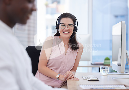 Image of Woman, call center and portrait by pc in office desktop for consulting job with smile, vision and glasses, Crm expert, headphones and career goal in tech support team, customer service and contact us