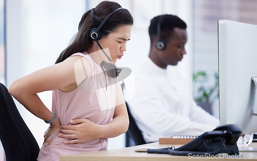 Image of Sick, digestion and call center agent with stomach pain, health problem and constipation at work. Telemarketing, painful and woman working in customer service with uncomfortable abdomen cramps