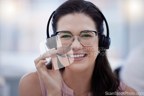 Image of Woman, call center mic and portrait in office for consulting job with smile, happiness and glasses for goal, Crm expert, headphones and microphone in tech support, customer service and contact us