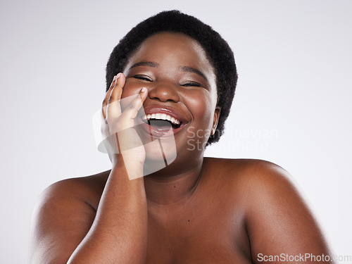 Image of Beauty, skincare and portrait of black woman with smile for wellness, dermatology and luxury cosmetics in studio. Spa, aesthetic and face of plus size girl with glowing skin, self love and makeup