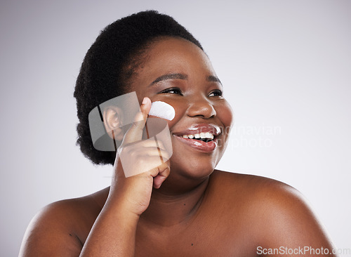 Image of Beauty, cream and black woman isolated on a white background for skincare, product or apply cosmetics. African model or person face with collagen, moisturizer .and dermatology idea in studio mockup