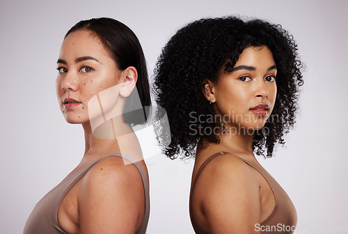 Image of Women, face and diversity with portrait, facial and skincare for different skin color and beauty isolated on studio background. Natural cosmetics, glow and dermatology, inclusion and cometic care