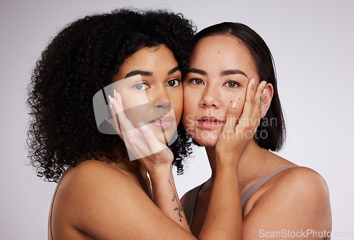 Image of Beauty, facial and portrait of women for skincare, spa wellness and dermatology in white studio. Diversity, self care and face of Asian and black girl for luxury cosmetics, makeup and natural glow