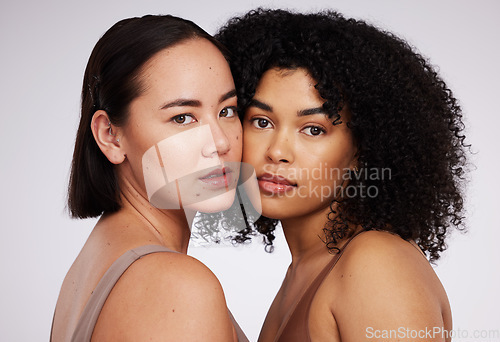 Image of Women, face and diversity with portrait, skin color and skincare inclusion with beauty isolated on studio background. Natural cosmetics, glow and dermatology, unique cosmetic and facial care