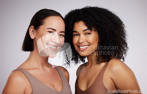 Image of Women, face and diversity with portrait, smile with skincare for different skin color with beauty isolated on studio background. Natural cosmetics, glow and dermatology, inclusion and facial care