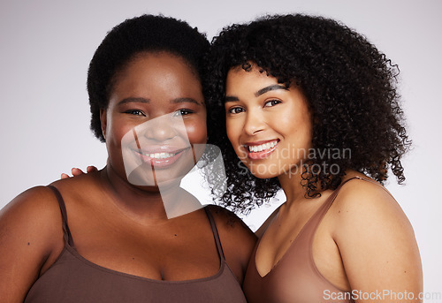 Image of Beauty, wellness and portrait of African women for skincare, dermatology and body positive in studio. Spa aesthetic, self love and face of happy girls for luxury cosmetics, makeup and natural glow