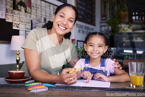 Image of Coffee shop, black family and portrait with a mother and daughter coloring a book at a cafe window together. Face, art and children with a woman and happy female kid bonding in a restaurant