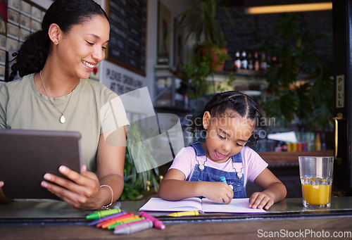 Image of Coffee shop, family and child with a black woman doing remote work and her daughter coloring a book in a cafe. Tablet, freelance and art with a mother and happy female kid bonding in a restaurant