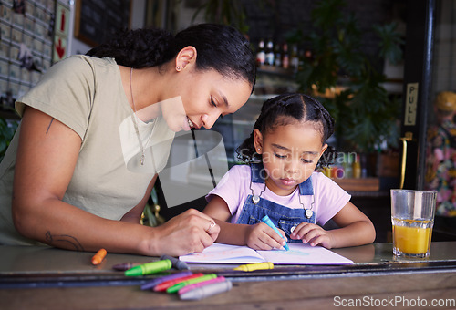 Image of Coffee shop, family and art with a black woman and daughter coloring a book at a cafe window together. Juice, creative and love with a young mother and happy female child bonding in a restaurant