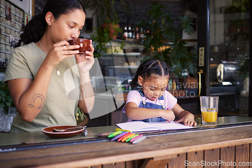 Image of Coffee shop, black family and art with a mother and daughter coloring in a book at a cafe together. Color, caffeine and crayons with a woman and happy female child bonding in a restaurant