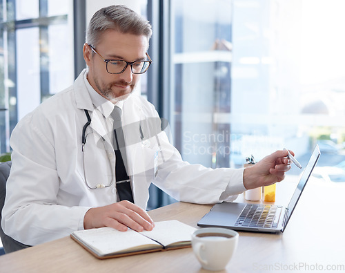 Image of Healthcare, laptop and doctor with medicine research, telehealth services planning or hospital data management. Schedule, planner notebook and medical professional or person pharmaceutical strategy
