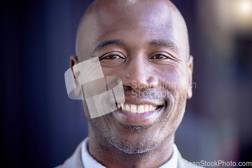 Image of Happy, smile and portrait of a African businessman with a positive, good and healthy mindset. Happiness, headshot and closeup face of a excited professional person smiling for good news in studio