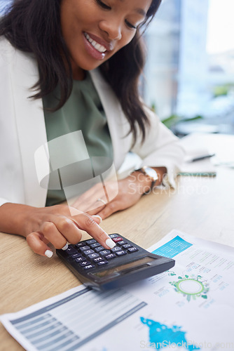 Image of Finance woman, accountant and calculator for documents with financial report. Employee person doing business tax audit, budget or profit analysis of data or revenue on paper while happy about growth