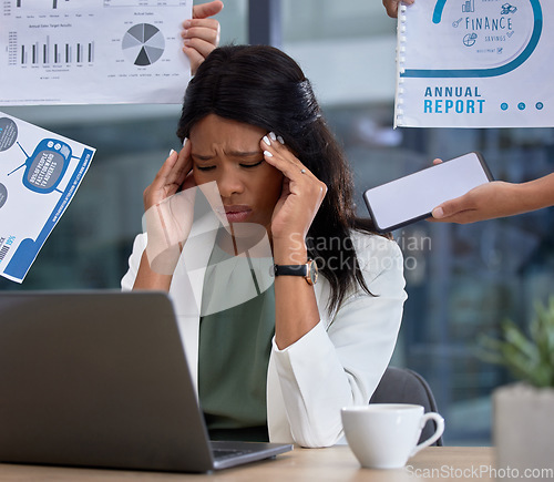 Image of Stress, anxiety and financial report with woman, leader or manager and hands of staff at laptop. Mental health, headache and burnout of black person accountant time management problem for tax audit