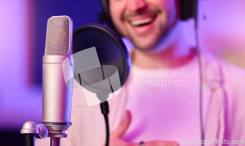 Image of Neon, studio or microphone singer, musician or pop artist in music practice, theatre or night recording. Singing, man or person on voice diffuser, production equipment or sound media in light theater