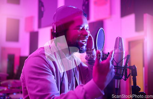 Image of Musician, singing or black man on neon studio microphone, music equipment or practice in night theatre recording. Singer, person or artist on production, voice or sound performance in light theater