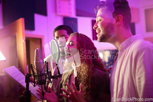 Image of Woman, face or singing group on neon studio microphone in backup singers album, song lyrics or radio recording. Artist, musician or friends in production sound, voice media or light label performance