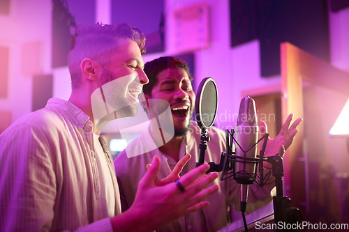 Image of Men, face or singing on neon studio microphone for album, song or radio recording in night practice. Singer artist, musician or friends in production sound, voice media or light label collaboration