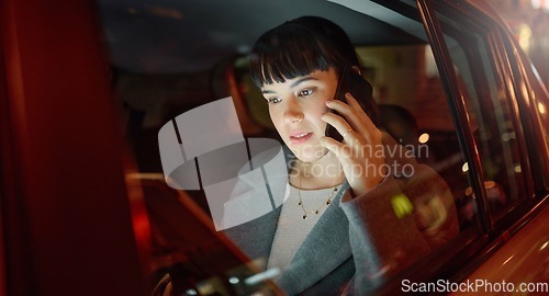 Image of Tablet, phone call and business woman in car chatting, talking or speaking to contact. Transport, night travel or female professional with mobile technology for networking, discussion or conversation