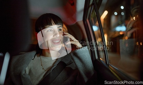 Image of Travel, phone call and business woman in car chatting, talking or speaking to contact. Transport, night and happy female professional with mobile smartphone for networking, discussion or conversation