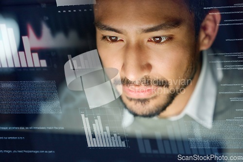 Image of Business man, dashboard and stock market overlay for trading, investment and stocks. Face, future analytics or male with digital ui, ai or ux for financial app or software for profit growth at night.