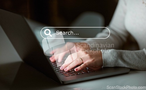 Image of Digital marketing, overlay or hands typing to search for content on internet, website or online in office. Zoom, laptop or focused worker researching SEO information or tech data analytics on iot ai