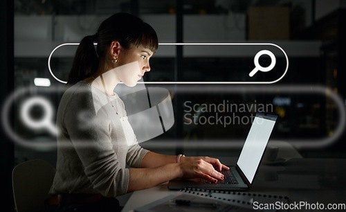 Image of Night, overlay or woman typing to research web design on internet, website or online on laptop in office. Digital, iot or employee reading SEO information in overtime in dark workplace for big data