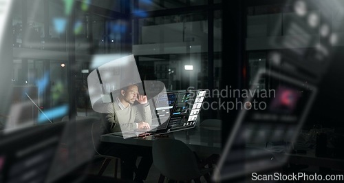 Image of Businessman, futuristic digital interface and analytics at night for planning, strategy or stock market research at office. Male analyst working late for trading, fintech or big data management