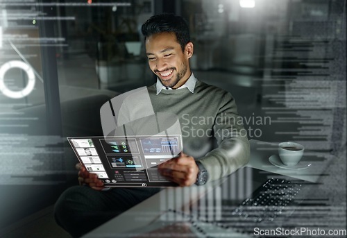 Image of Businessman, futuristic tablet and analytics at night for digital analysis, statistics or data planning at office. Male employee with future touchscreen interface for company strategy on dark overlay