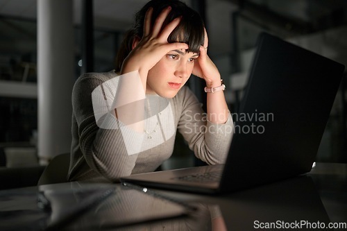 Image of Laptop, cybersecurity or woman with stress, anxiety or worry from bad mistake or problem online. Data problem, 404 error or frustrated worker stressed by a financial loss on screen at night in office