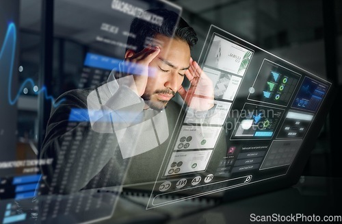 Image of Overlay, dashboard or trader with stress, headache or burnout from trading data, bad investment or stocks. Anxiety, debt or frustrated man with digital ui or ux on financial loss on screen at night