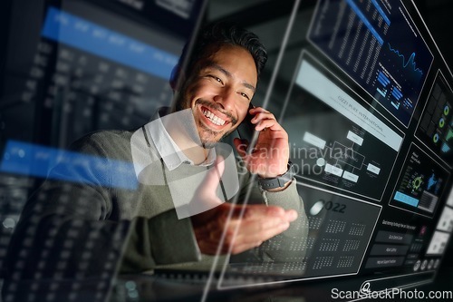 Image of Dashboard, stock market overlay or man on a phone call talking about trading data or investment stocks. Hologram, smile or happy trader with digital ui or ux on software for financial growth at night