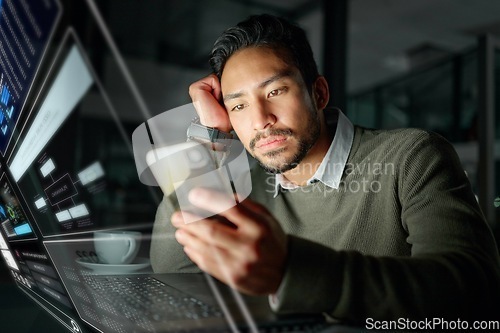 Image of Phone, hologram or man reading trading news on financial website or searching for investments or stocks. Future overlay or trader with digital ui or ux on fintech app for profit growth data at night