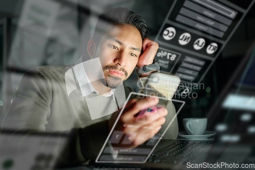 Image of Phone, overlay or man reading news on financial website or searching for investment in stock market. Hologram, focus or trader with digital ui or ux on fintech app for profit growth data at night